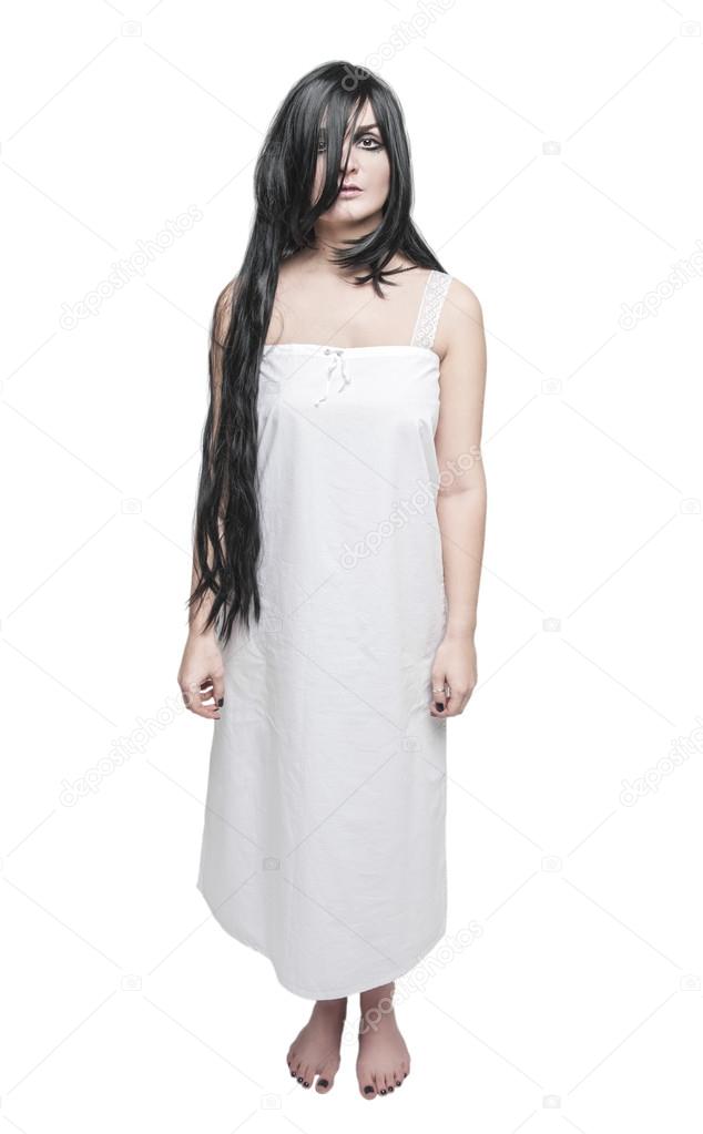 Mystical ghost woman in white long shirt 