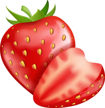 Tatlı olgun ve yarım çilekli. Whit üzerinde izole edilmiş vektör gerçekçi illüstrasyon