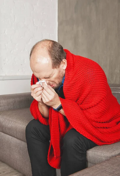 Sick Man Runny Nose Wrapped Warm Knitted Red Plaid Hom — Stock Photo, Image