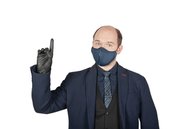 Handsome Young Business Man Virus Protection Blue Mask Showing Finger — Stock Photo, Image