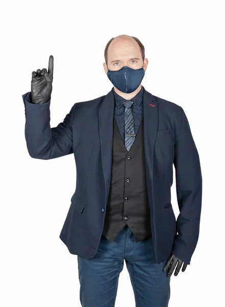 Handsome Young Business Man Virus Protection Blue Mask Showing Finger — Stock Photo, Image