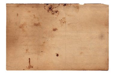 Üzerinde çizikler ve lekeler olan eski kağıt beyaza izole edilmiş.