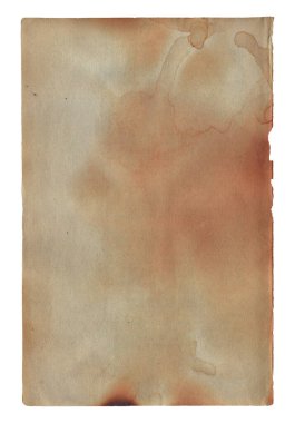 Üzerinde çizikler ve lekeler olan eski kağıt beyaza izole edilmiş.