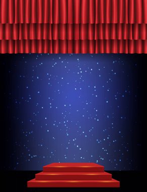 Kırmızı perdeli arka plan, mavi, yıldızlar ve podyum. Sunum, konser ve gösteri için tasarım. Vektör illüstrasyonu