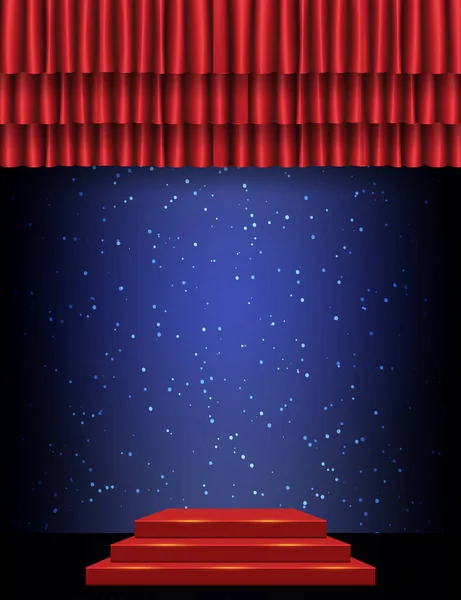 Fondo Con Cortina Roja Sobre Azul Con Estrellas Podio Diseño — Vector de stock