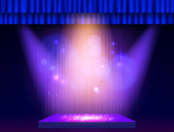背景为蓝色帷幕 讲台和聚光灯 音乐会 表演的设计 矢量说明 — 图库矢量图片