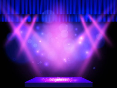 Arka plan, mavi perde, podyum ve spot ışıkları. Sunum, konser ve gösteri için tasarım. Vektör illüstrasyonu