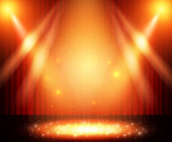Background with red curtain and spotlights. Design for presentation, concert, show. Vector illustration