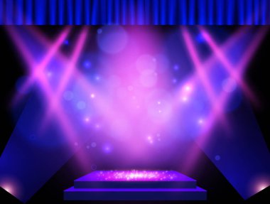Arka plan, mavi perde, podyum ve spot ışıkları. Sunum, konser ve gösteri için tasarım. Vektör illüstrasyonu