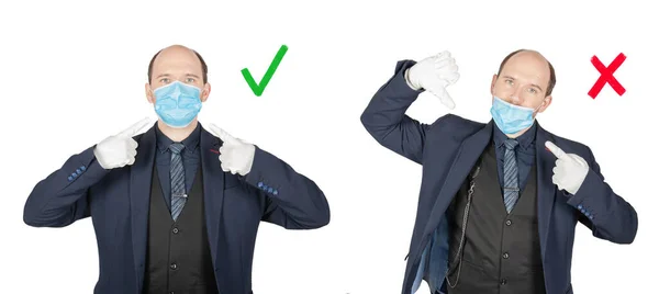 Goede Foute Manier Chirurgische Virus Bescherming Masker Dragen Knappe Jonge — Stockfoto