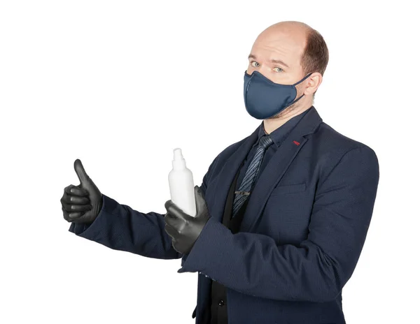 Jóképű Üzletember Sebészeti Orvosi Vírusvédő Maszkkal Fekete Kesztyűvel Fertőtlenítő Üveggel — Stock Fotó