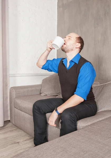 Handsome Young Man Drinking Coffee Home Quarantine Pandemic Concept — Stock Photo, Image
