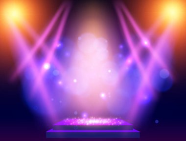 Podyum, mavi ve sarı spot ışıkları olan bir arka plan. Sunum, konser ve gösteri için tasarım. Vektör illüstrasyonu