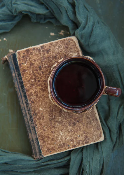 Tasse Café Avec Vieux Livre Vintage Sur Table Tissu — Photo