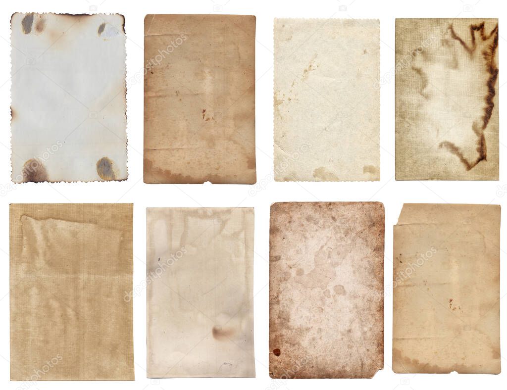 Set of Old various vintage rough paper with scratches and stains texture isolated on white