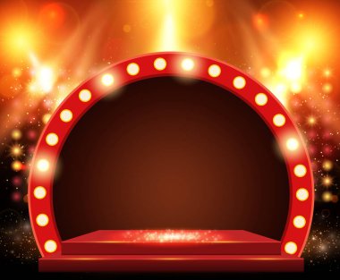 Altın ışıklı spot ışıkları, podyum ve kemer pankartıyla soyut bir zemin parlıyor. Vektör illüstrasyonu