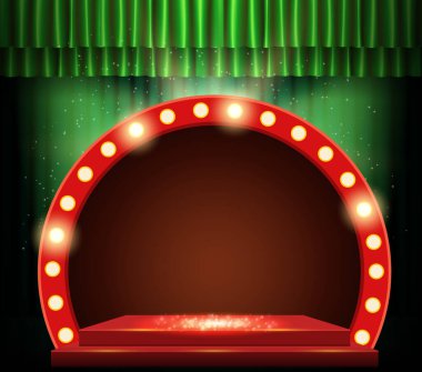 Yeşil perdeli ve kırmızı retro pankartlı boş bir sahne. Sunum, konser ve gösteri için tasarım. Vektör illüstrasyonu