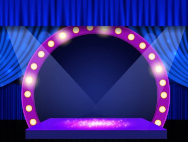 Arka planda mavi perde, podyum, spot ışıkları ve retro kemer pankartı var. Sunum, konser ve gösteri için tasarım. Vektör illüstrasyonu