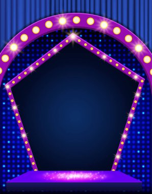 Mozaik sahnesi, kemerli pankartı ve mavi perdesi olan boş bir sahne. Vektör illüstrasyonu