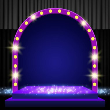 Siyah perdeli arka plan, podyum ve retro kemerli pankart. Sunum, konser ve gösteri için tasarım. Vektör illüstrasyonu