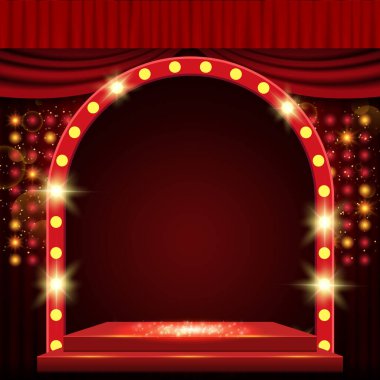 Kırmızı perdeli ve kemerli bir arka plan. Sunum, konser ve gösteri için tasarım. Vektör illüstrasyonu