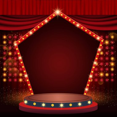 Kırmızı perdeli ve kemerli bir arka plan. Sunum, konser ve gösteri için tasarım. Vektör illüstrasyonu