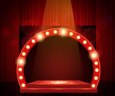 Kırmızı perdeli arka plan, podyum ve retro kemerli pankart. Sunum, konser ve gösteri için tasarım. Vektör illüstrasyonu