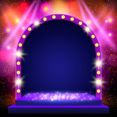 Sahne ışıkları ve retro kemer pankartıyla parlayan arka plan. Sunum, konser ve gösteri için tasarım. Vektör illüstrasyonu