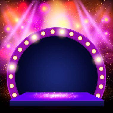 Sahne ışıkları ve retro kemer pankartıyla parlayan arka plan. Sunum, konser ve gösteri için tasarım. Vektör illüstrasyonu