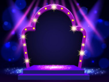 Arka planda mavi perde, sahne ışıkları, podyum ve retro yuvarlak afiş. Sunum, konser ve gösteri için tasarım. Vektör illüstrasyonu