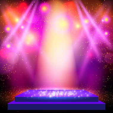 Sahne ışıkları ve podyumla parlayan arka plan. Sunum, konser ve gösteri için tasarım. Vektör illüstrasyonu