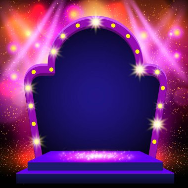 Sahne ışıkları ve retro kemer pankartıyla parlayan arka plan. Sunum, konser ve gösteri için tasarım. Vektör illüstrasyonu