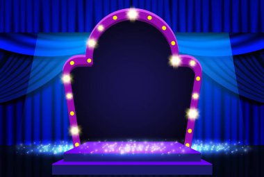 Arka planda mavi perde, podyum ve retro kemer pankartı var. Sunum, konser ve gösteri için tasarım. Vektör illüstrasyonu