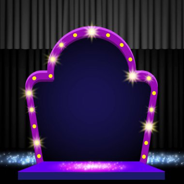 Siyah perdeli arka plan, podyum ve retro kemerli pankart. Sunum, konser ve gösteri için tasarım. Vektör illüstrasyonu