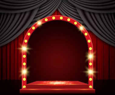 Kırmızı perdeli arka plan, podyum ve retro kemerli pankart. Sunum, konser ve gösteri için tasarım. Vektör illüstrasyonu