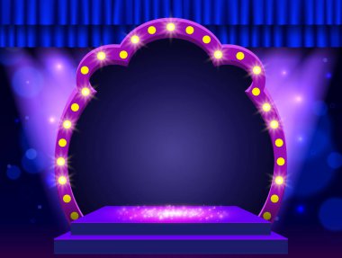 Arka planda mavi perde, podyum, spot ışıkları ve retro kemer pankartı var. Sunum, konser ve gösteri için tasarım. Vektör illüstrasyonu