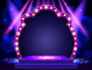 Arka planda mavi perde, sahne ışıkları, podyum ve retro yuvarlak afiş. Sunum, konser ve gösteri için tasarım. Vektör illüstrasyonu