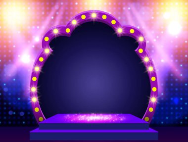 Mozaik arka plan, mavi ve sarı spot ışıkları ve kemer pankartıyla. Sunum, konser ve gösteri için tasarım. Vektör illüstrasyonu