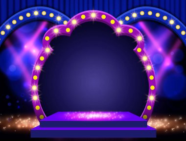 Arka planda mavi perde, podyum, spot ışıkları ve retro kemer pankartı var. Sunum, konser ve gösteri için tasarım. Vektör illüstrasyonu