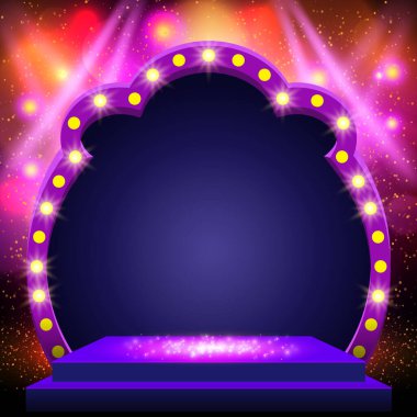 Sahne ışıkları ve retro kemer pankartıyla parlayan arka plan. Sunum, konser ve gösteri için tasarım. Vektör illüstrasyonu