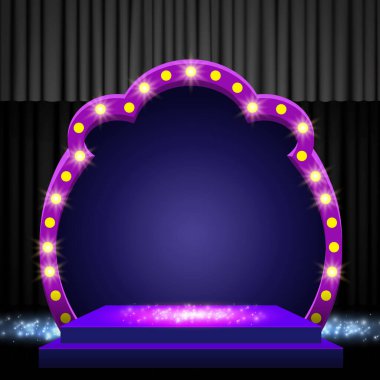 Siyah perdeli arka plan, podyum ve retro kemerli pankart. Sunum, konser ve gösteri için tasarım. Vektör illüstrasyonu