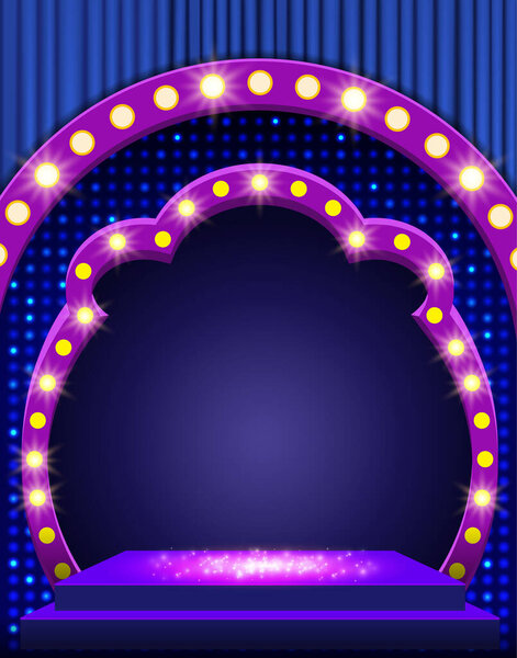 Empty scene with mosaic stage, arch banner and blue curtain. Vector illustration