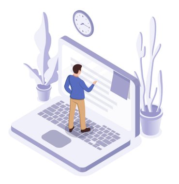 Çevrimiçi eğitim veya çalışma konsepti. Dizüstü bilgisayarda duran adam. Vektör izometrik çizim oranı