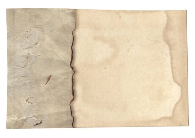 Yanmış kenarları, lekeleri ve çizikleri olan eski model kaba doku retro kağıdı. 