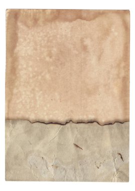 Yanmış kenarları, lekeleri ve çizikleri olan eski model kaba doku retro kağıdı. 