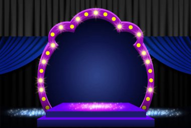 Siyah perdeli arka plan, podyum ve retro kemerli pankart. Sunum, konser ve gösteri için tasarım. Vektör illüstrasyonu