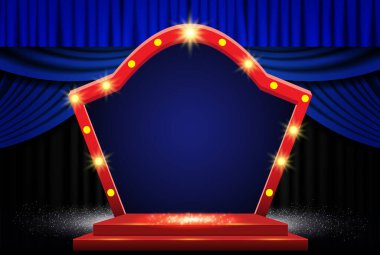 Arka planda mavi perde, podyum ve retro kemer pankartı var. Sunum, konser ve gösteri için tasarım. Vektör illüstrasyonu