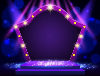 Arka planda mavi perde, sahne ışıkları, podyum ve retro yuvarlak afiş. Sunum, konser ve gösteri için tasarım. Vektör illüstrasyonu