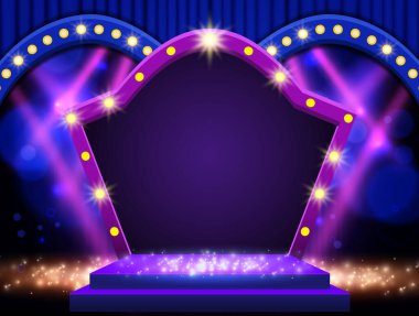 Arka planda mavi perde, podyum, spot ışıkları ve retro kemer pankartı var. Sunum, konser ve gösteri için tasarım. Vektör illüstrasyonu