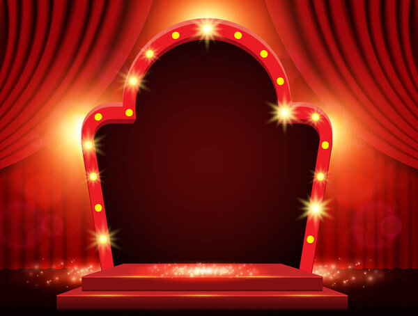Background with red curtain, arch banner and spotlights. Design for presentation, concert, show. Vector illustration